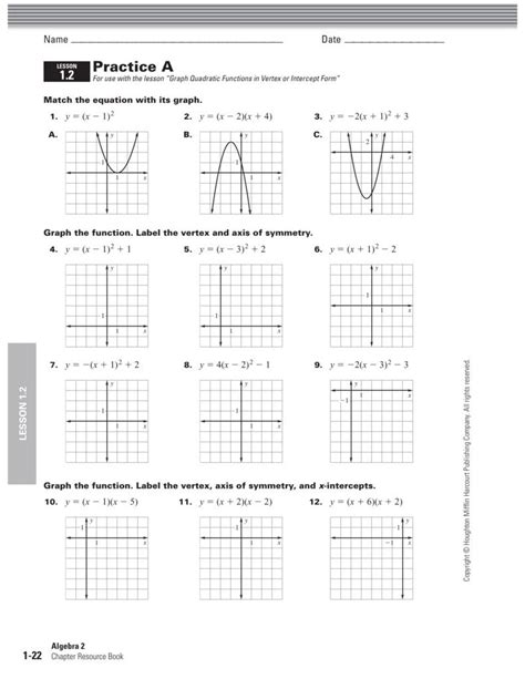 characteristics of quadratic functions worksheet answers algebra 1